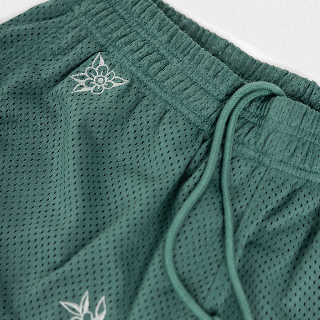 Floral Embroidered Mesh Shorts - Forest Green