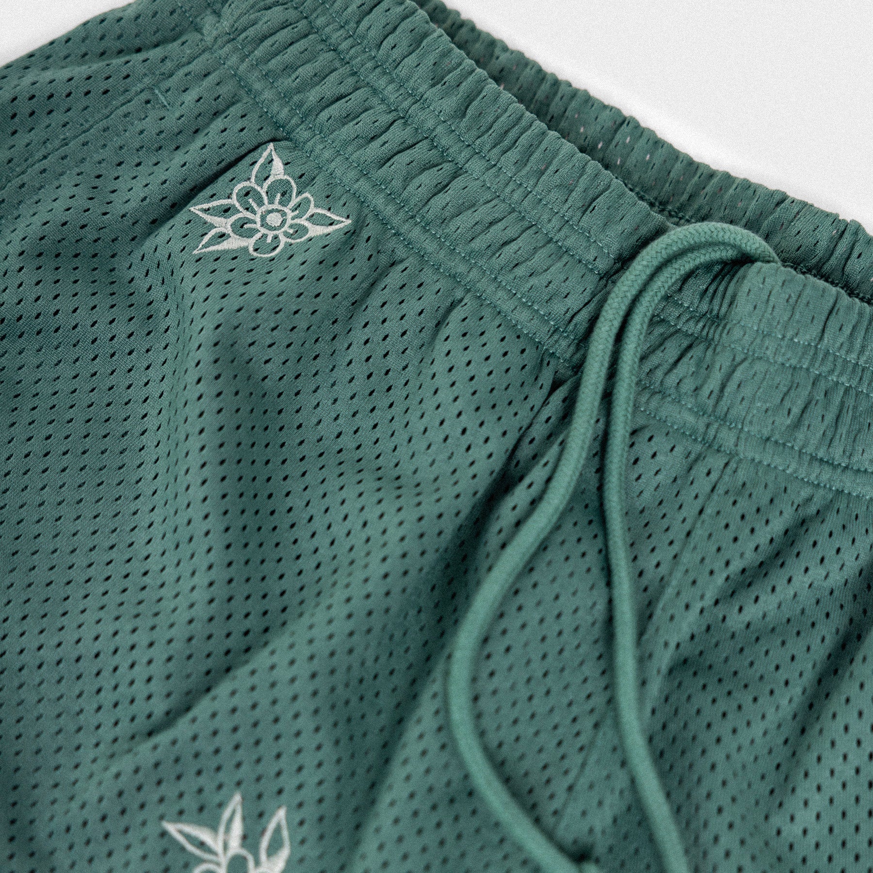 Floral Embroidered Mesh Shorts - Forest Green