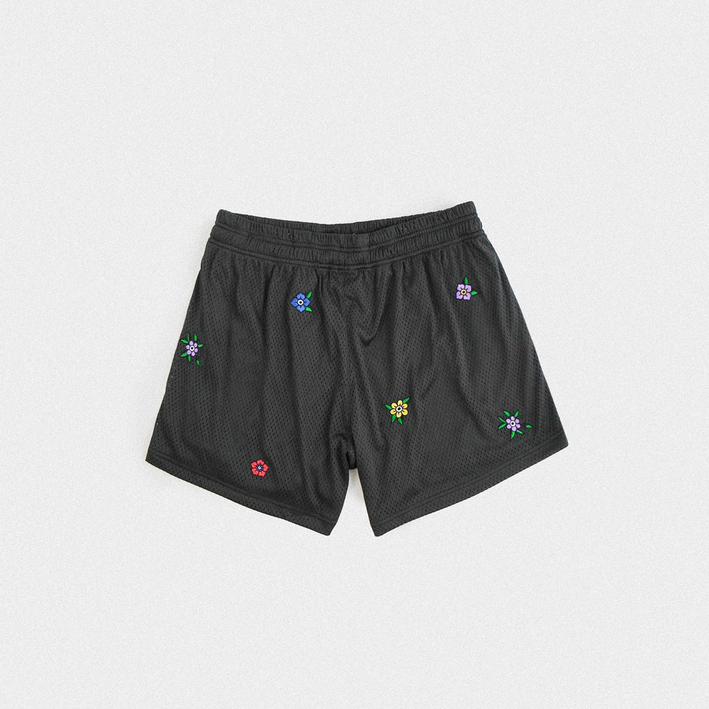 Floral Embroidered Mesh Shorts - Vintage Black