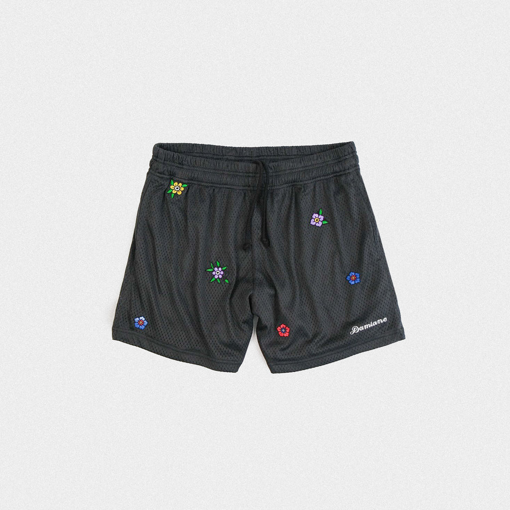 Floral Embroidered Mesh Shorts - Vintage Black