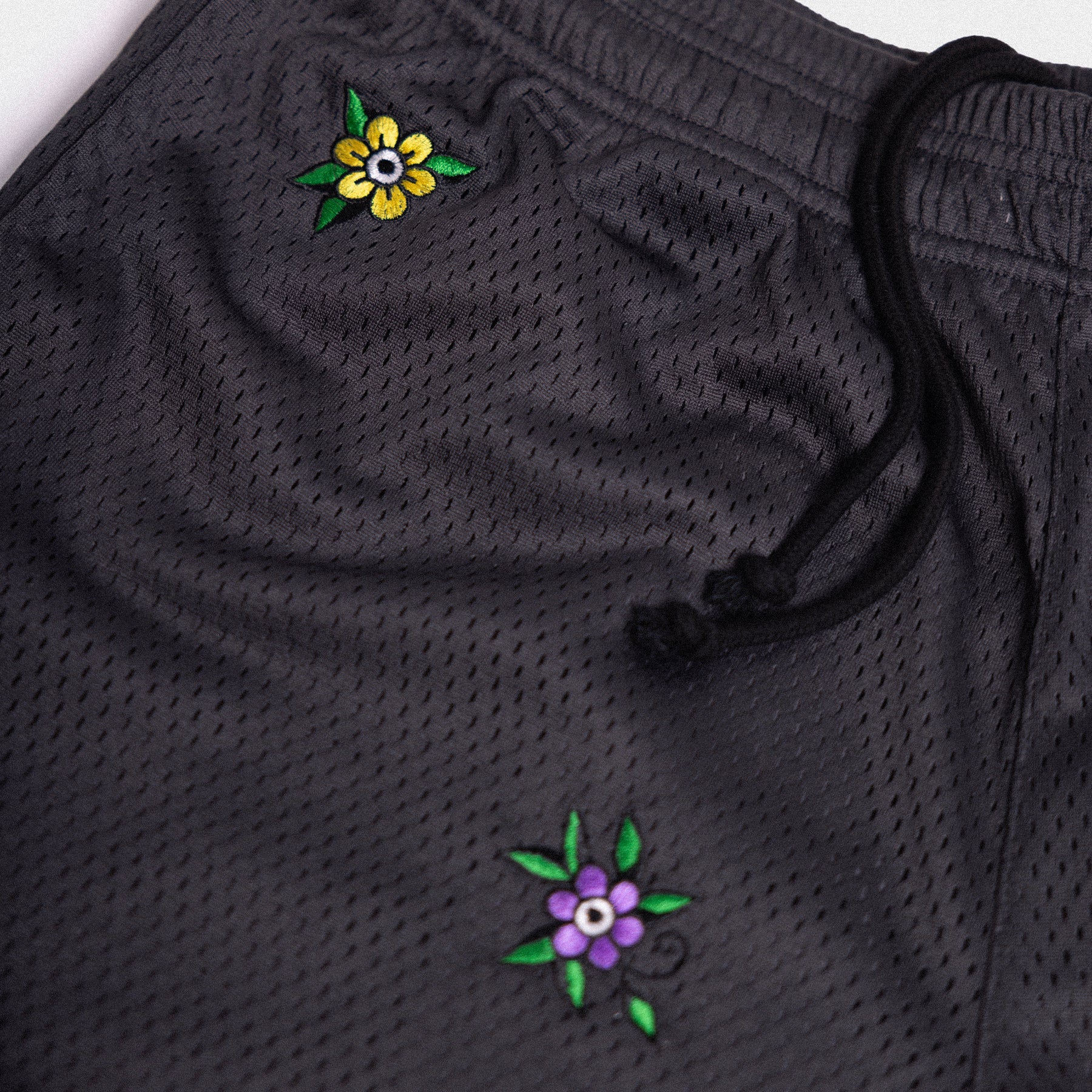 Floral Embroidered Mesh Shorts - Vintage Black