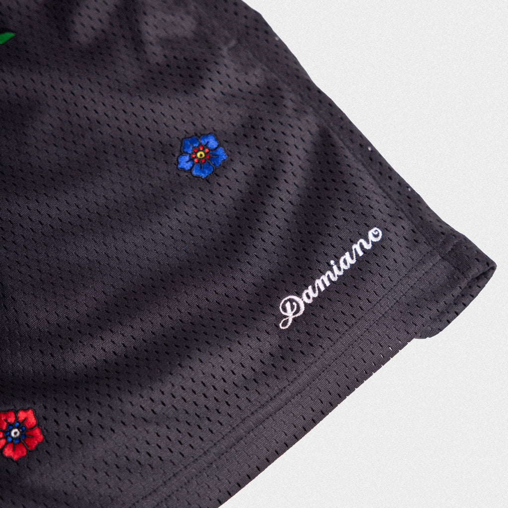 Floral Embroidered Mesh Shorts - Vintage Black