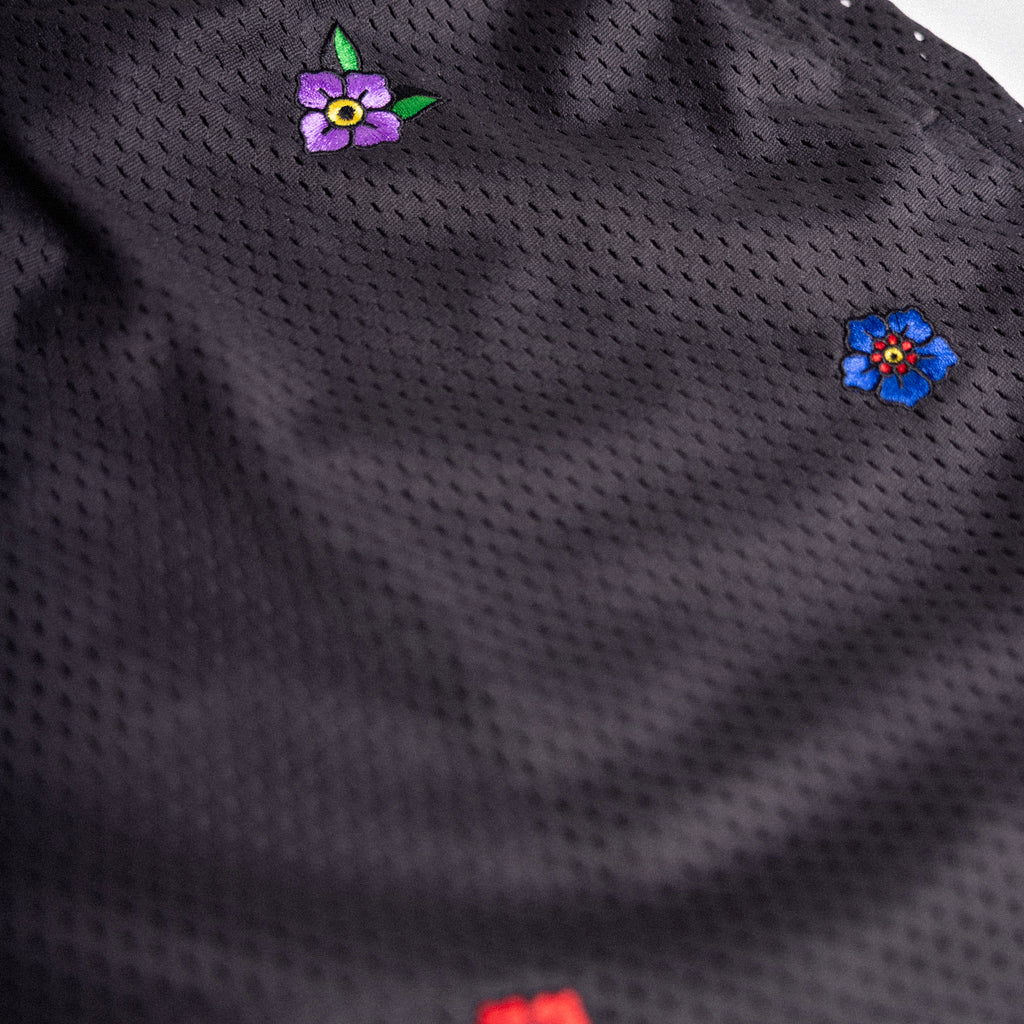 Floral Embroidered Mesh Shorts - Vintage Black
