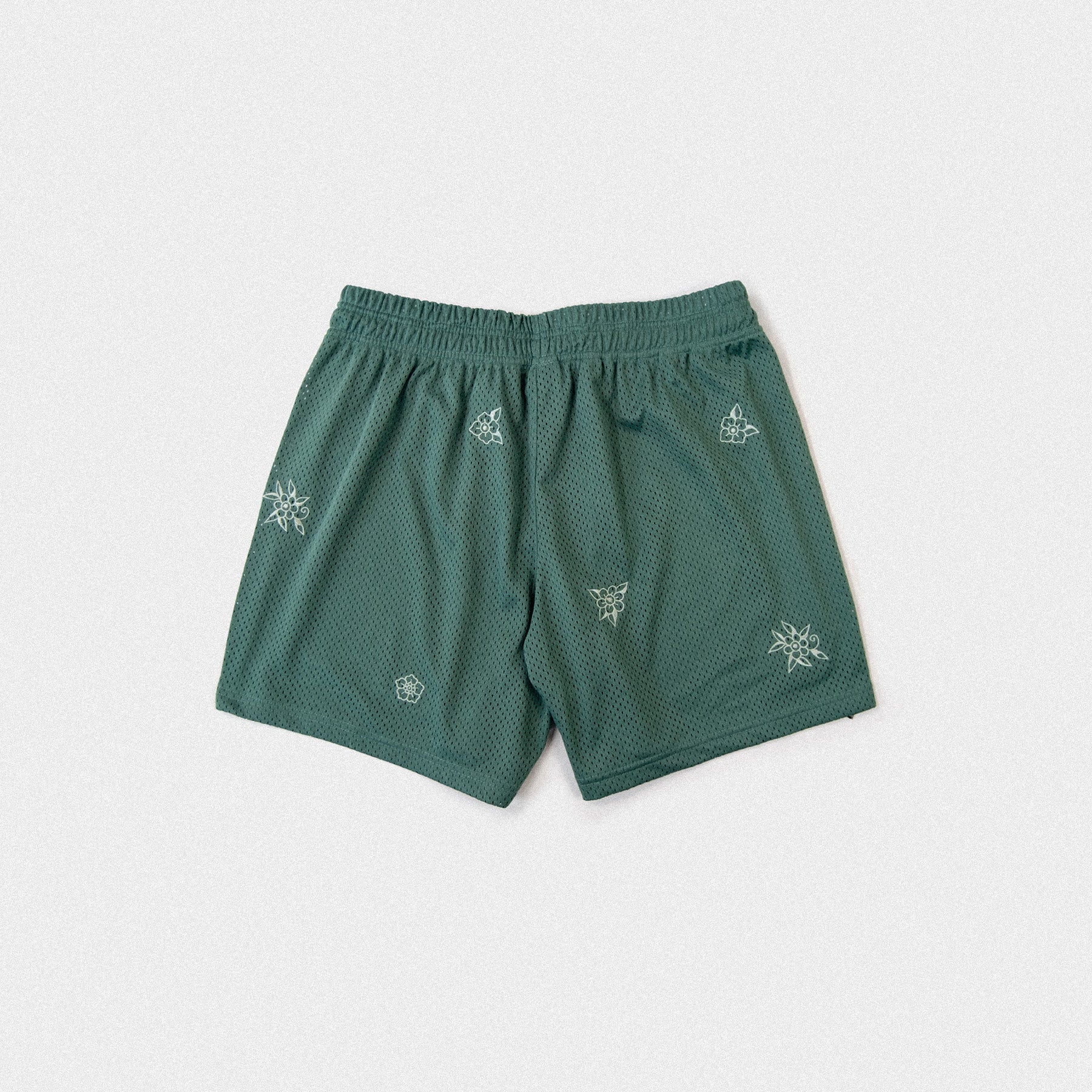 Floral Embroidered Mesh Shorts - Forest Green