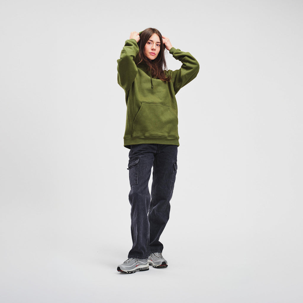 woman model thin tattoos forest green hoodie nike air max 97 high quality luxury streetwear new york city nyc damiano clothing