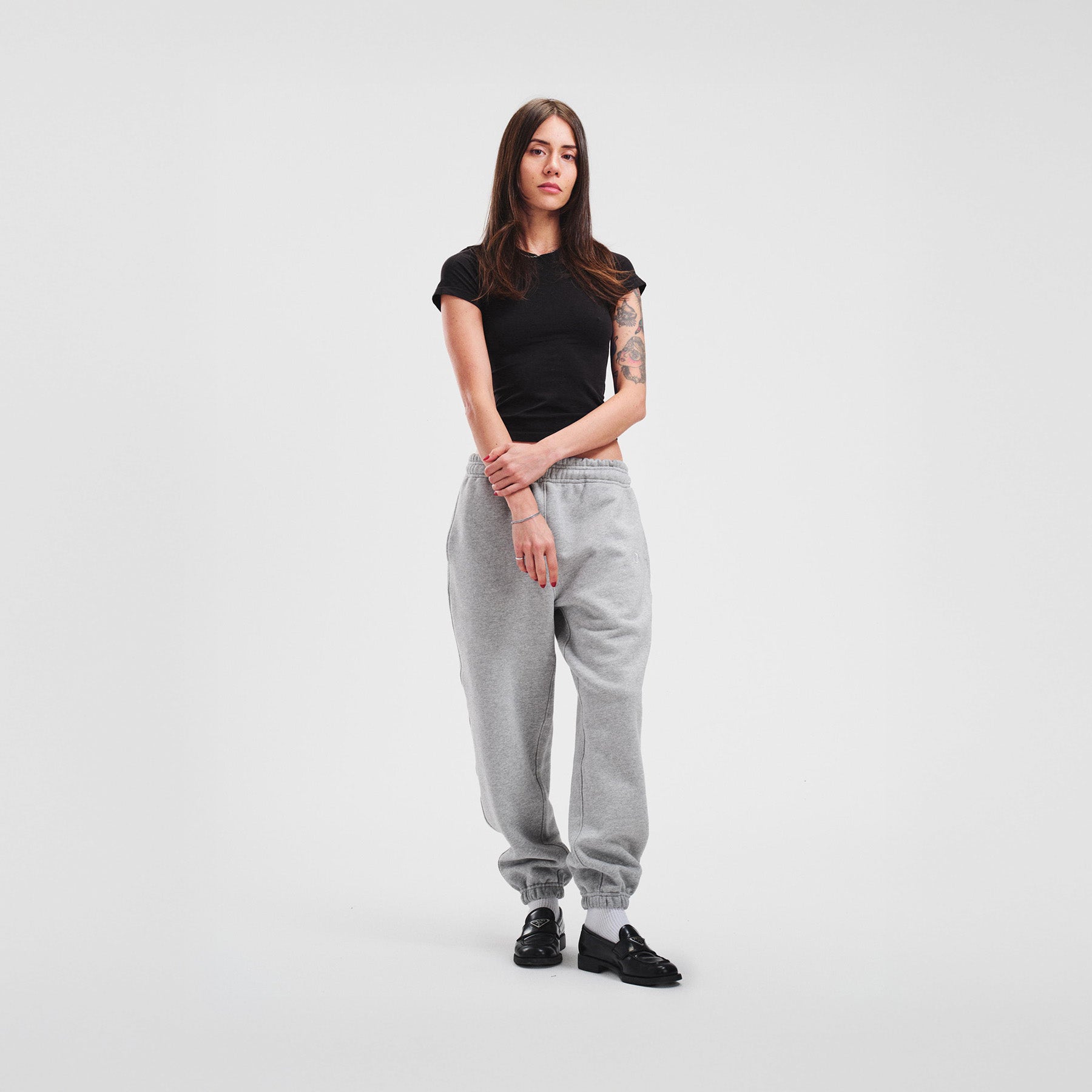 woman model thin gray sweatpants loafers high quality luxury streetwear new york city nyc damiano clothing