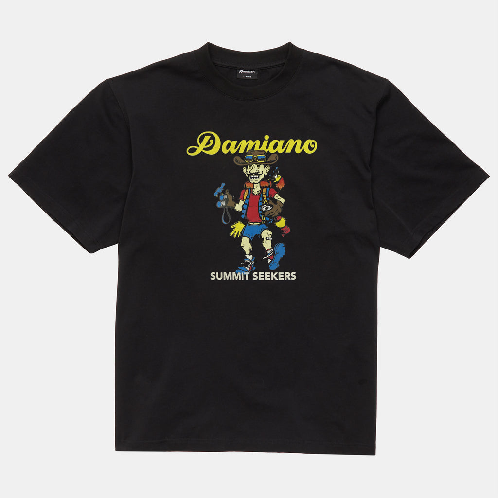 Black graphic tee hiking Syracuse New York City Damiano clothing cotton screen print tshirt men’s streetwear fashion style