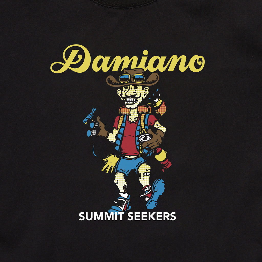 Black graphic tee hiking Syracuse New York City Damiano clothing cotton screen print tshirt men’s streetwear fashion style