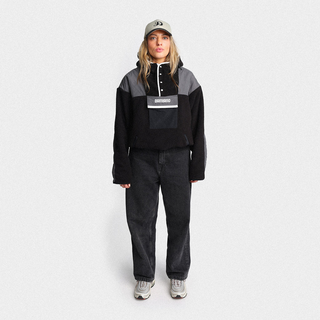 woman model black gray sherpa hooded jacket fleece nike air max 97 damiano clothing streetwear hiking luxury high quality new york city nyc