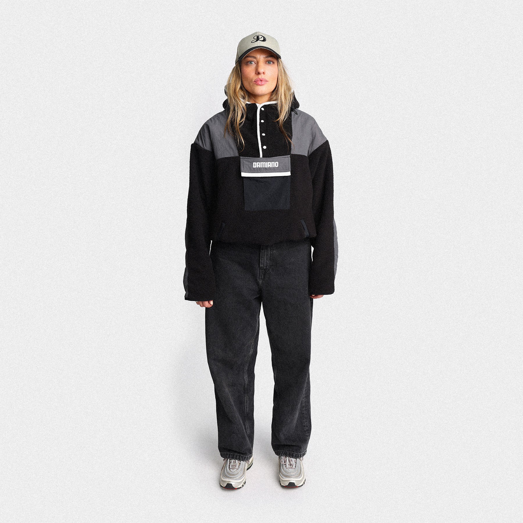 woman model black gray sherpa hooded jacket fleece nike air max 97 damiano clothing streetwear hiking luxury high quality new york city nyc