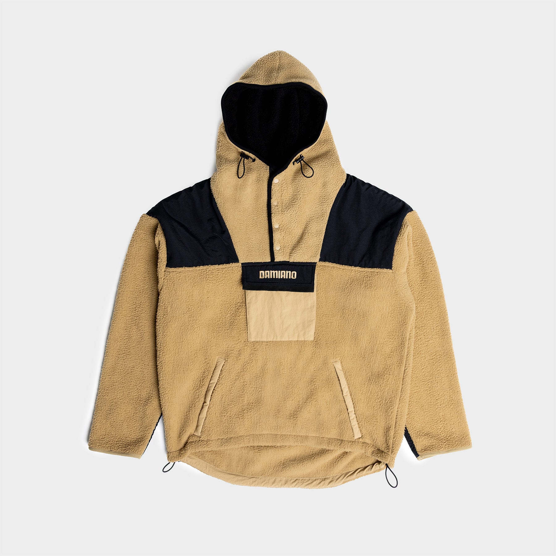 camel tan black sherpa hooded jacket fleece damiano clothing streetwear hiking luxury high quality new york city nyc