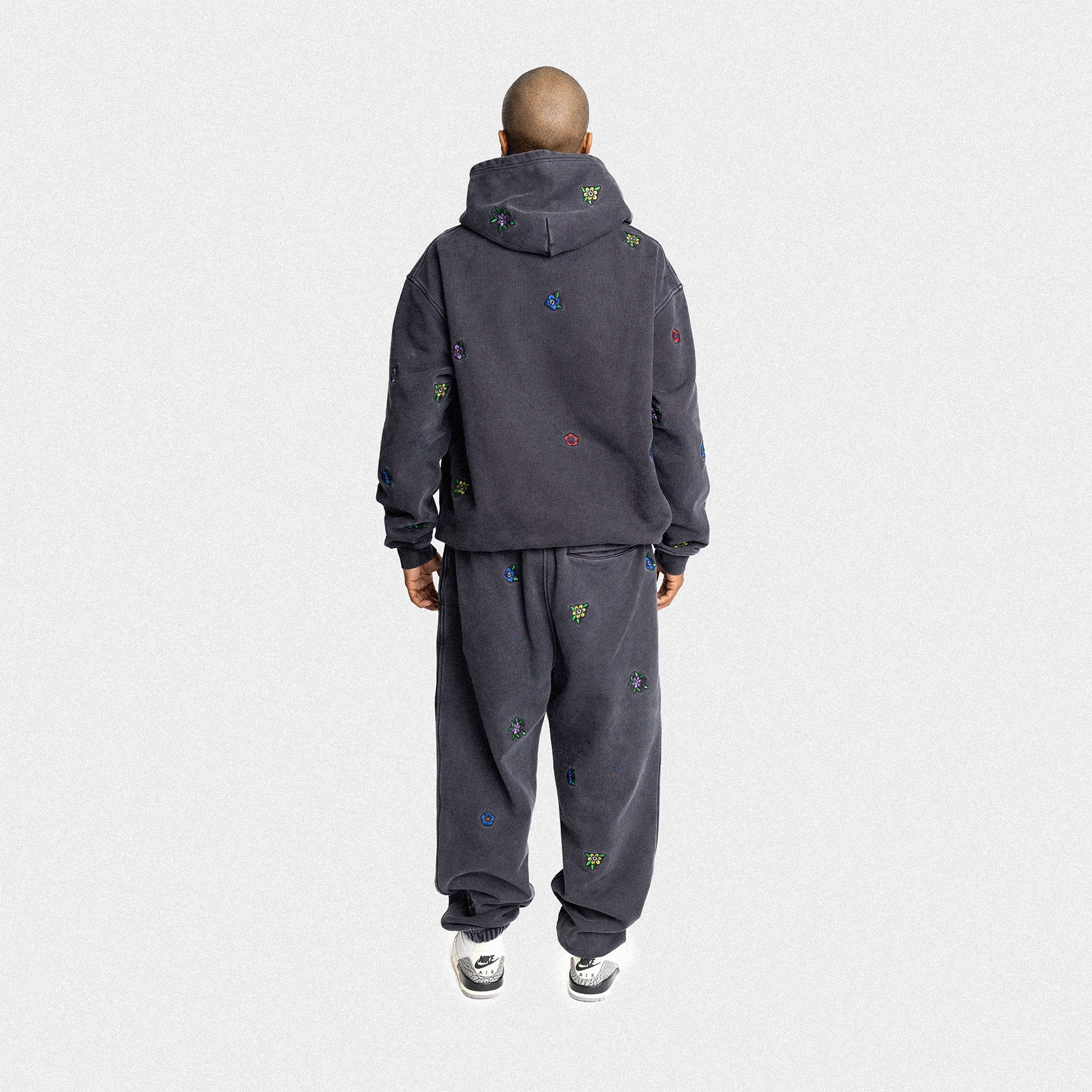 dark gray vintage wash hoodie sweatpants floral embroidery damiano clothing luxury streetwear high quality man model nike jordan oversized